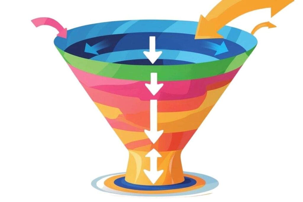 תמונת אילוסטרציה בה נראה משפך שיווקי עם תנועת חצים, שמדמה מסע לקוח. התמונה הינה חלק ממאמר ראשון מתוך שלושה בנושא בניית מסע לקוחות מאת האסטרטג השיווקי דורון פדלון.