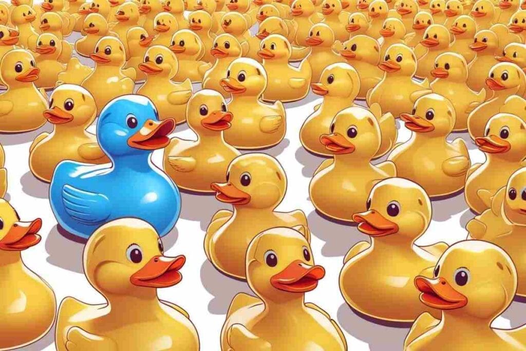 בידול שיווקי. תמונת אילוסטרציה בה נראים ברווזים בצבע צהוב, כאשר בתוכם ברווז בצבע כחול היוצר בידול. התמונה מופיעה במאמרו של דורון פדלון, מומחה לאסטרטגיות שיווק, פרסום וכן קידום ממומן ואורגני