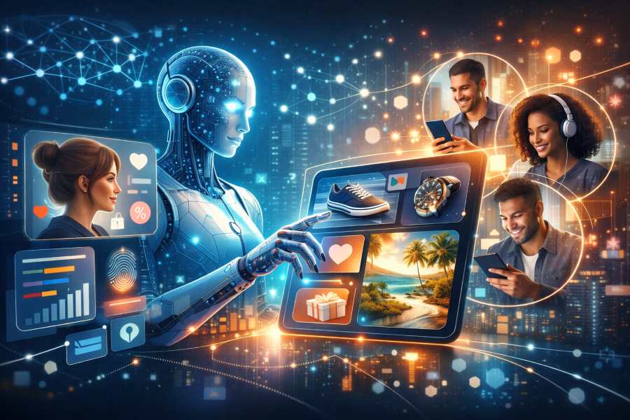 איור דיגיטלי של מערכת בינה מלאכותית המנתחת נתוני משתמשים ומציגה תוכן מותאם אישית למספר אנשים, הממחיש היפר פרסונליזציה בשיווק ומסעות לקוח חכמים.